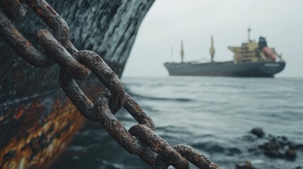 Naklejka premium A weathered ship's chain with rusty shackles, with a cargo vessel in the ocean behind, symbolizing the strength and history of shipping.