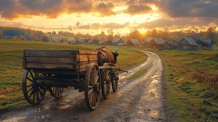 Fototapeta premium Ox-drawn cart on muddy road, sunset over village.