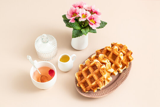 Still life with Viennese Waffles with Tea in Soft Beige