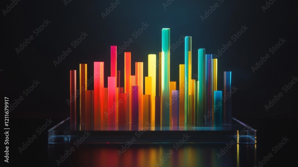 Poster d bar graph with vibrant colors, arranged in ascending order on a transparent glass base, with soft 