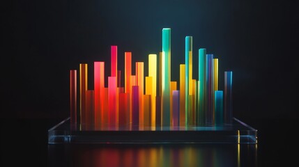 Obraz premium D bar graph with vibrant colors, arranged in ascending order on a transparent glass base, with soft ambient lighting