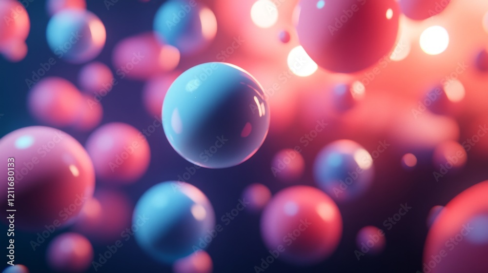 Poster d graphic spheres floating in space, with reflections and soft shadows, creating a futuristic and ab