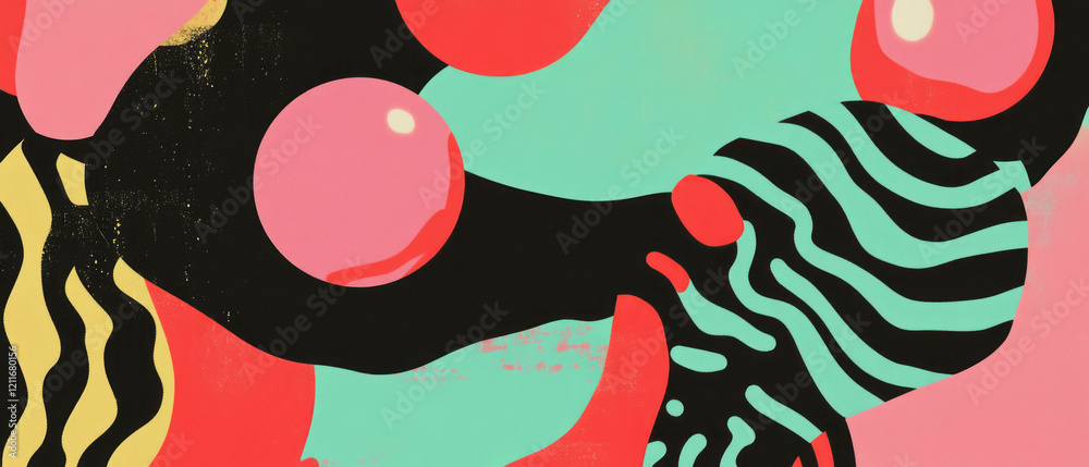 Poster Playful asymmetrical patterns with vibrant colors and abstract shapes creating dynamic visuals