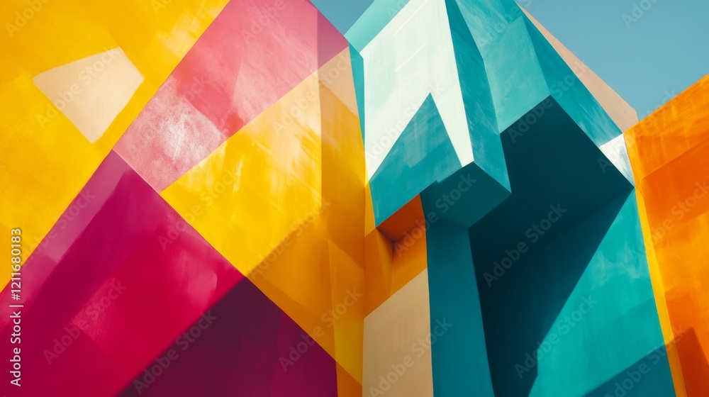 Aufkleber Abstract geometric shapes in vibrant colors, overlapping and forming a modern, dynamic design with shadows and depth on a minimalist background