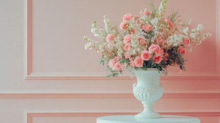 A white ceramic vase with soft pink flowers elegantly placed on a table, set against light pink walls, creating a serene and delicate ambiance.