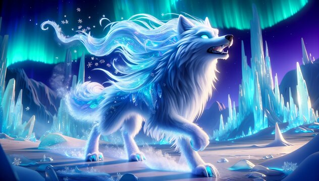 A mystical 3D cartoon -style wolf-like creature with shimmering, crystalline fur that sparkles like frost. - Powered by Adobe