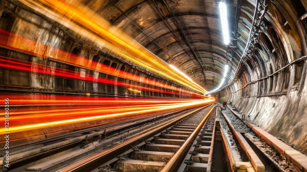 Poster abstract light streaks curving through a dark tunnel, creating a sense of velocity and futuristic tr
