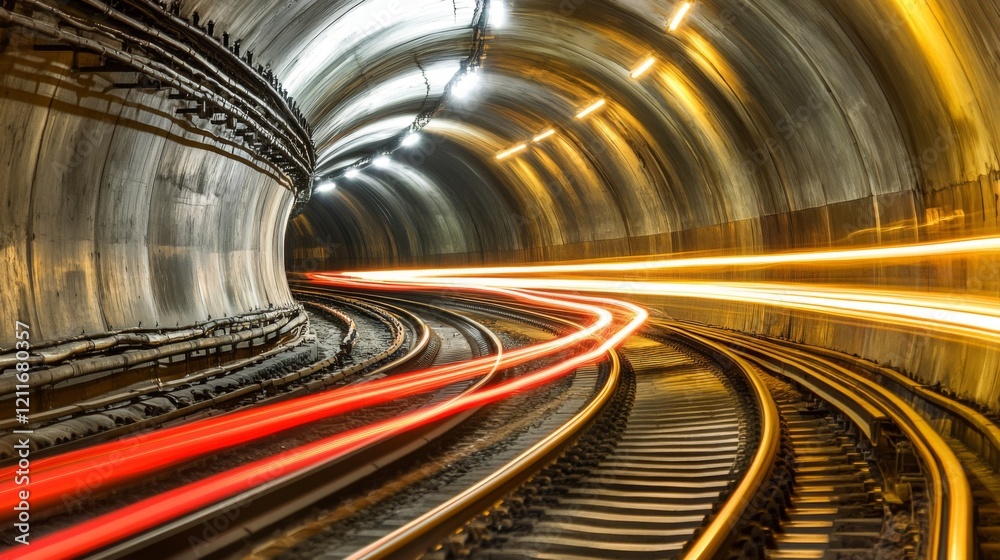 Poster Abstract light streaks curving through a dark tunnel, creating a sense of velocity and futuristic transport