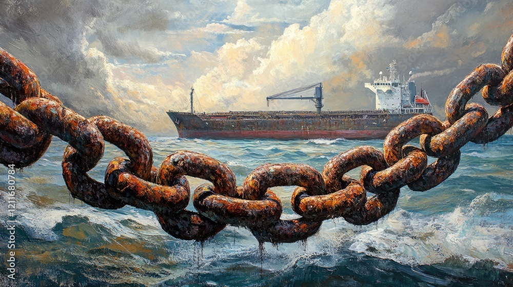 Poster an aged ship's chain with rusty shackles, framed by a cargo vessel and ocean backdrop, symbolizing t