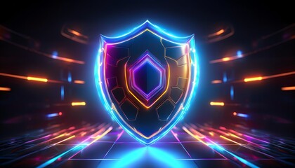 Fototapeta premium A vibrant, futuristic shield glows with neon lights, symbolizing protection and security in a digital landscape.