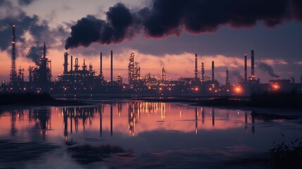 Fototapeta premium An atmospheric industrial scene at dusk, with reflections from wet surfaces and distant lights creating a striking contrast against the fading daylight.