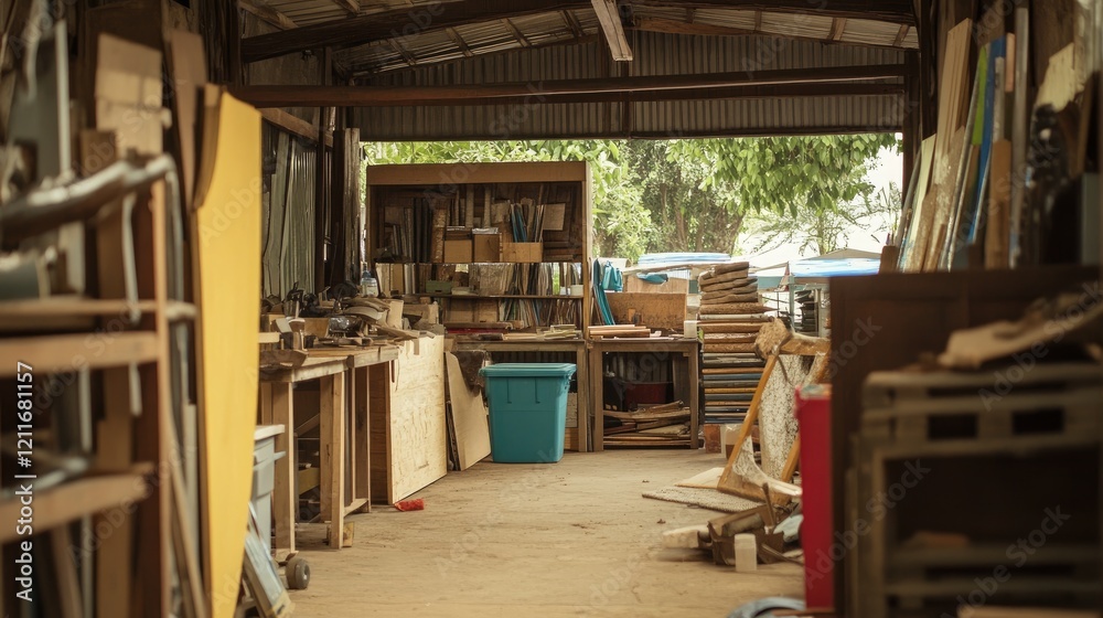 Poster an engaging image of an artisan workshop repurposing materials to support the circular economy, with