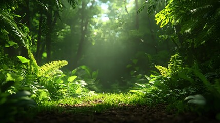 Obraz premium Lush Green Forest Pathway with Sunlight Filtering Through Leaves