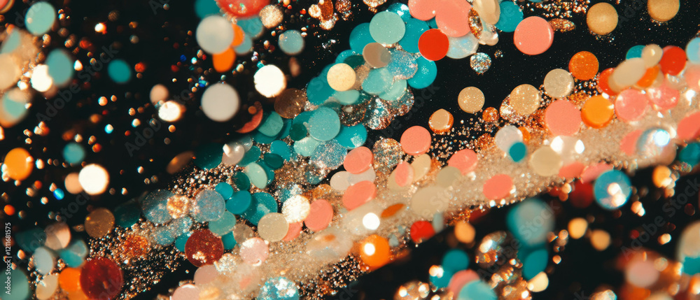 Poster colorful beaded jewelry with abstract shapes and glittery patterns on a textured background