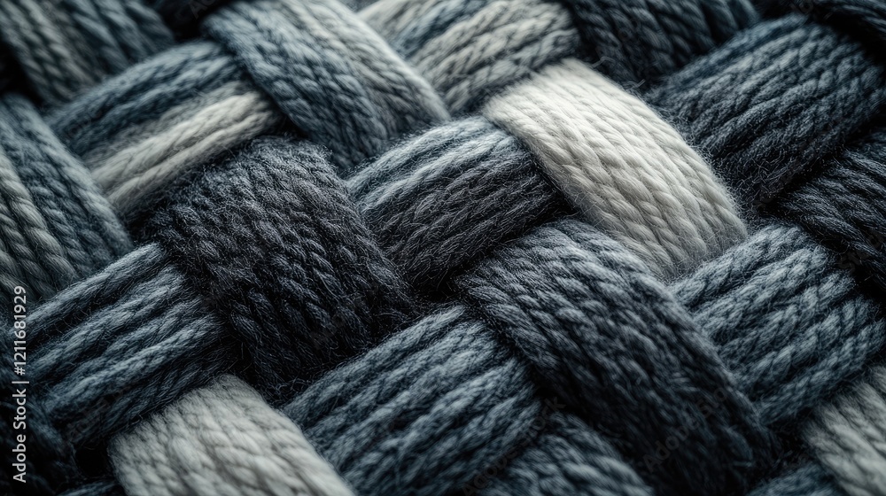 Poster close-up of a woven wool yarn pattern in various shades of gray, mimicking the look and texture of a