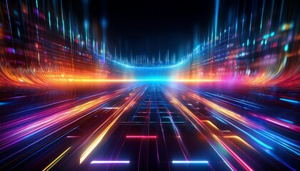 Obraz premium A vibrant, futuristic scene with colorful light streaks creating a sense of speed and movement against a dark background.