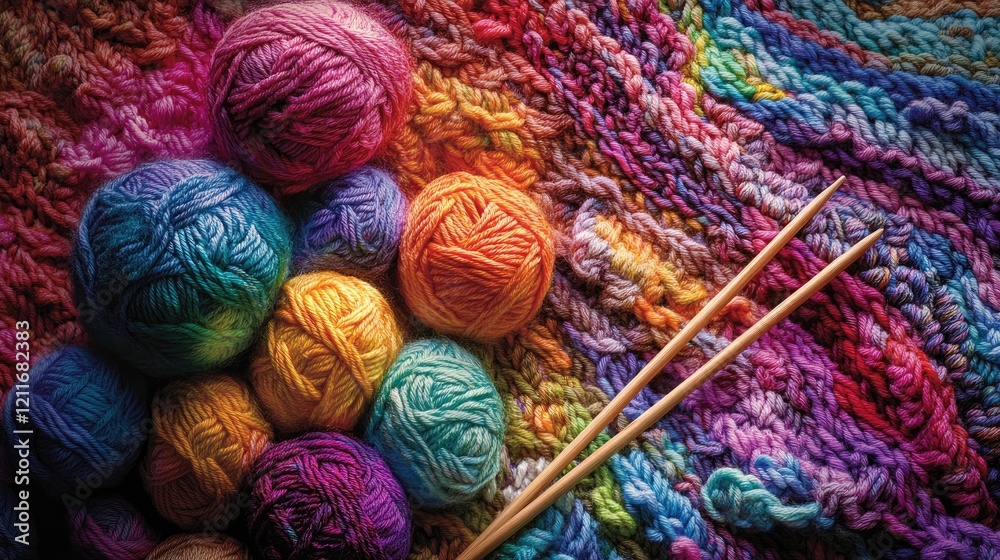 Poster colorful yarn balls and knitting needles arranged on a crocheted fabric, showcasing a close-up macro