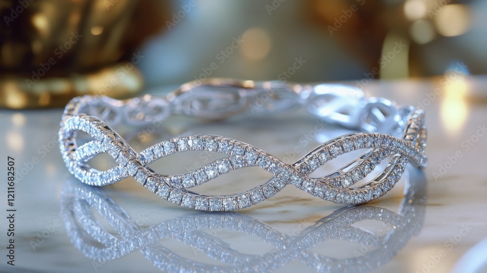 Poster An elegant diamond-studded bracelet resting on a marble countertop, showcasing the intricate details and the sparkle of each stone