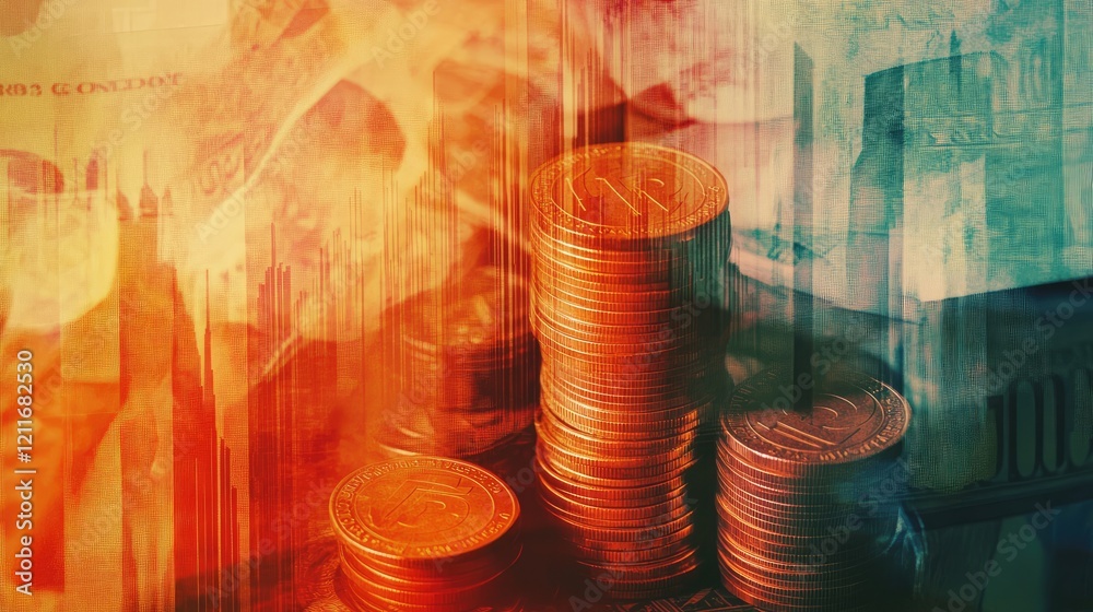 Aufkleber double exposure image of coins and us dollars, blended with a financial graph chart showing a downwa
