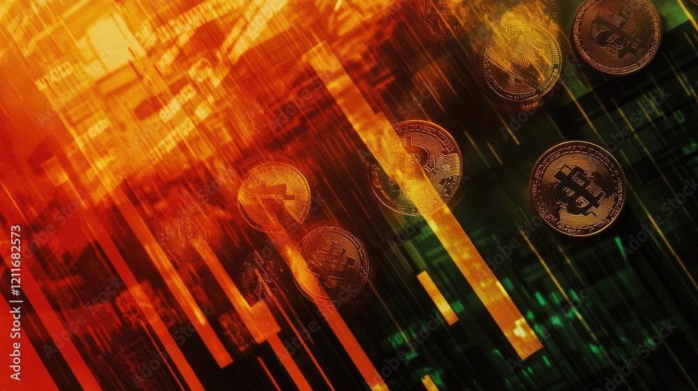 Poster double exposure image of coins and us dollars, blended with a financial graph chart showing a downwa