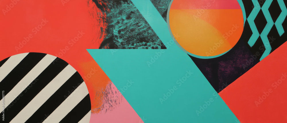 Poster bold geometric patterns with vibrant colors and striking contrasts in dynamic composition