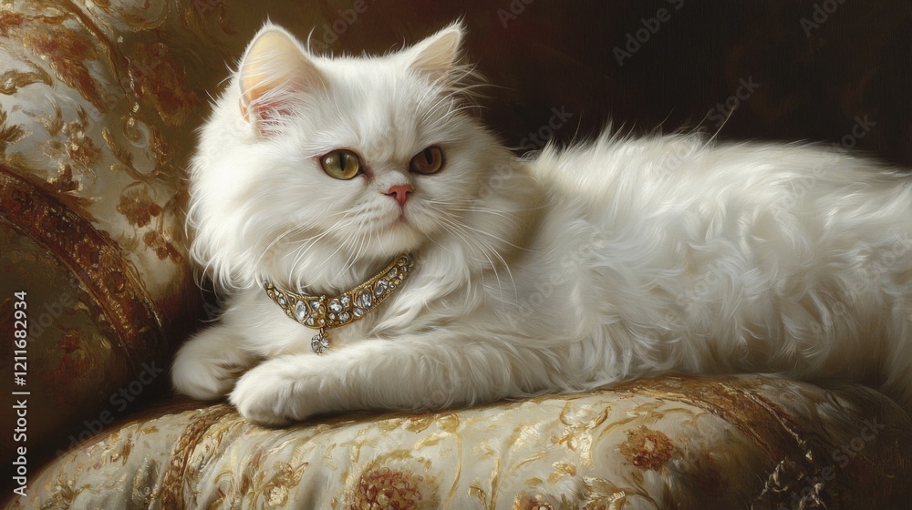 Poster an elegant white persian cat wearing a sparkling collar with a small gem, resting on a luxurious cus