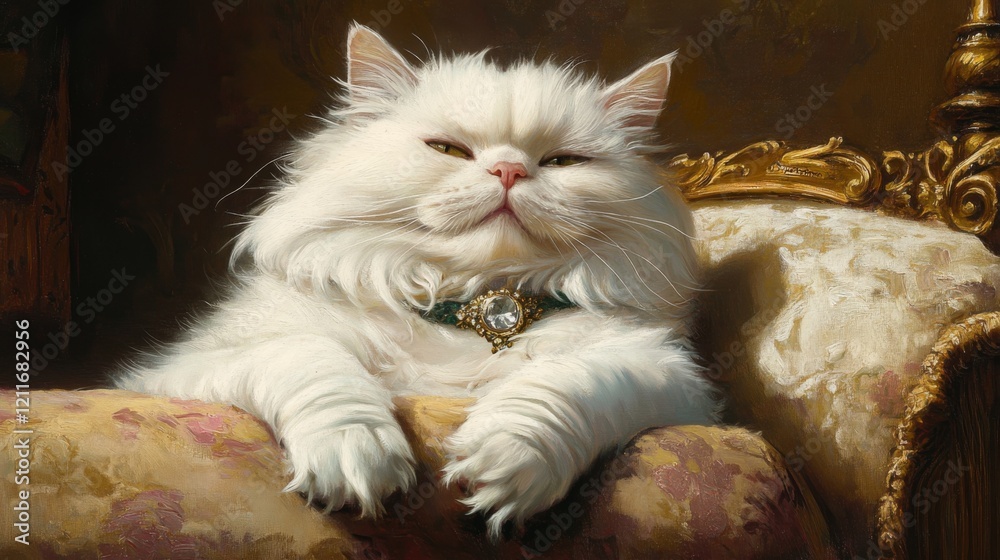 Poster an elegant white persian cat wearing a sparkling collar with a small gem, resting on a luxurious cus