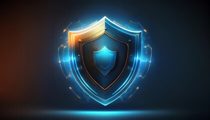 A glowing shield emblem with futuristic design, symbolizing protection and security against digital threats.