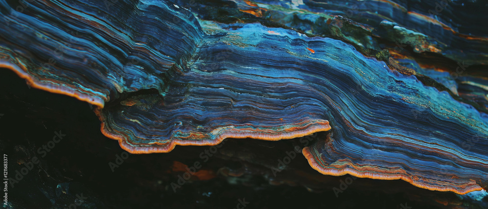 Poster exploring the unique texture and vibrant colors of bracket fungus on wood