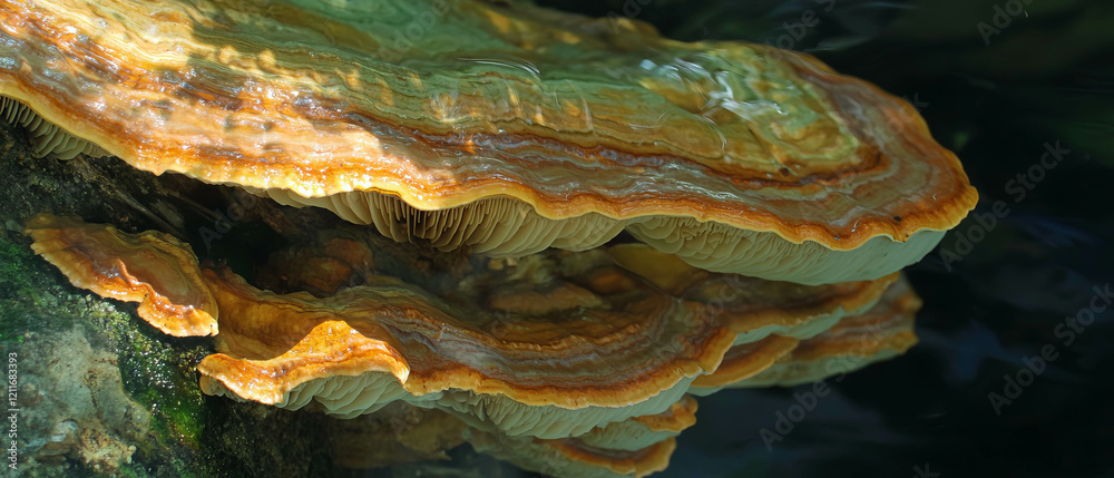 Poster bracket fungus displays textured layers with a hard and woody appearance