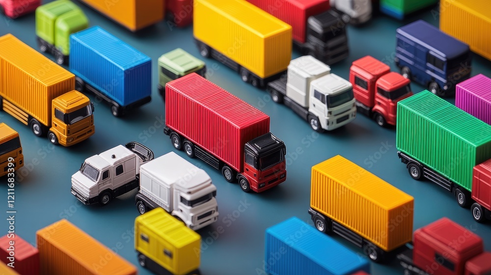 Poster miniature trucks surrounded by a variety of colorful shipping containers, symbolizing the global log