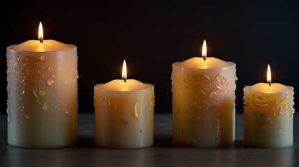 Set of pillar candles with flames illuminated, cut out