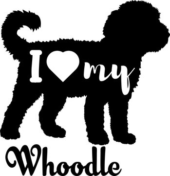 Whoodle dog silhouette, dog, dog breeds, logo, vector, love me love my dog, silhouette, i love my dog, animal, illustration, icon, sign, design, black, symbol, pet, love