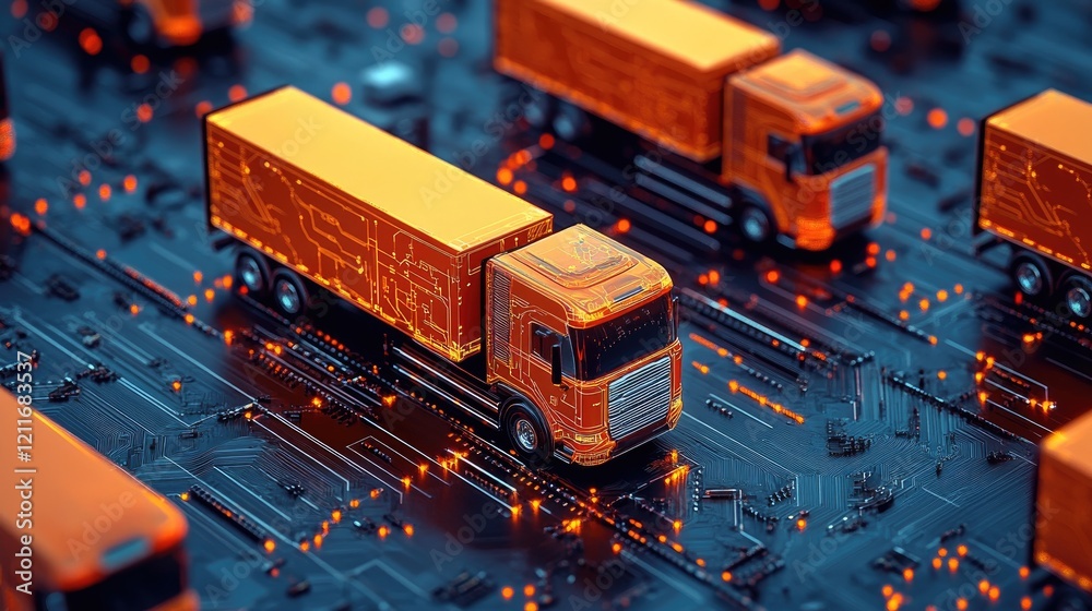 Poster orange shipping trucks placed on a circuit background, symbolizing the integration of logistics with