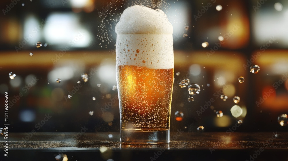 Poster an inviting image of a frothy beer being poured into a tall glass, with bubbles rising and a perfect