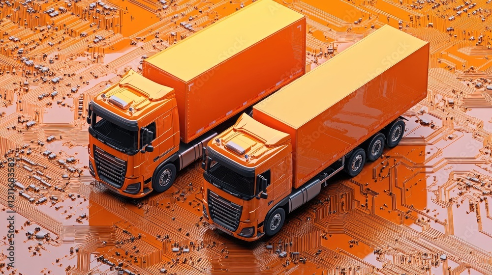 Poster orange shipping trucks placed on a circuit background, symbolizing the integration of logistics with