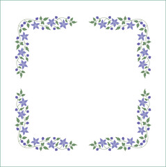 Elegant green vegetal ornamental frame with leaves and blue flowers, clematis; decorative border, corners for greeting cards. Isolated vector illustration