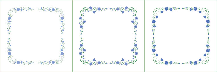 Set of three elegant green vegetal ornamental frame with blue flowers, decorative border. Isolated vector illustration