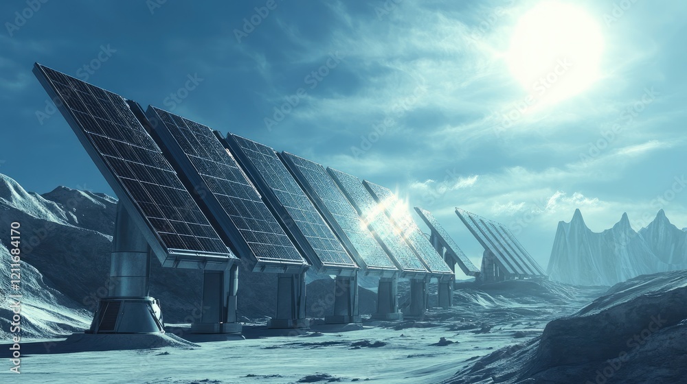 Poster solar panels with advanced tracking systems in action, adjusting to the sun position, ensuring maxim