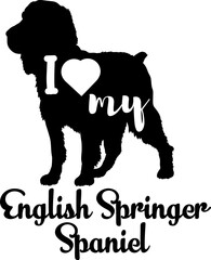 English Springer Spaniel. dog silhouette, dog, breeds, logo, vector, love me love my dog, silhouette, i love my dog, animal, illustration, icon, sign, design, black, symbol, pet, love