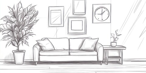 Sketch of a Living Room with Sofa and Plants