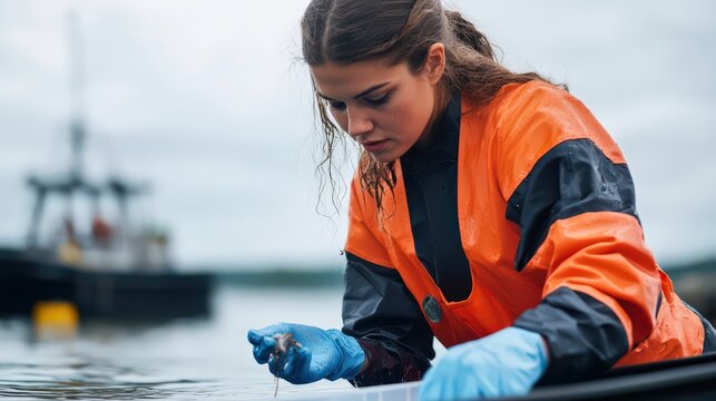 A marine biologist collecting water samples to study pollution's effects on fish.