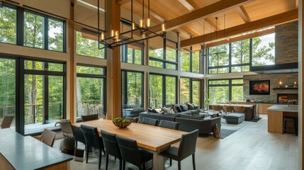 Fototapeta premium An open-concept minimalist floor plan showcasing the seamless flow between the living, dining, and kitchen areas, highlighted by natural materials and light