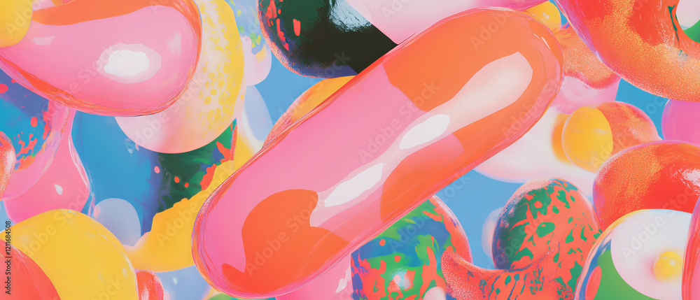 Poster colorful bubble letters and playful rounded shapes create vibrant visual appeal