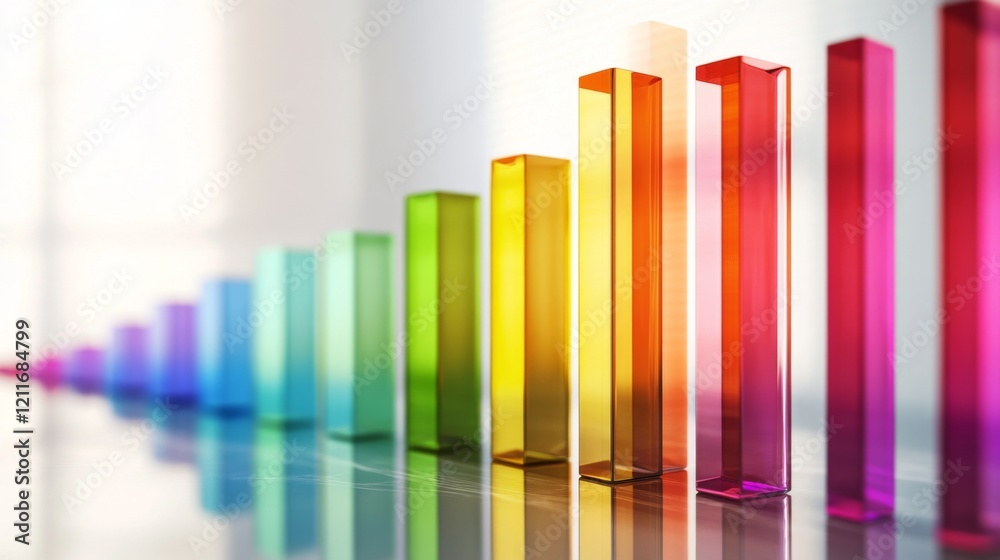 Poster array of rainbow-colored d bars in a row, gradually increasing in height, with smooth shadows and re