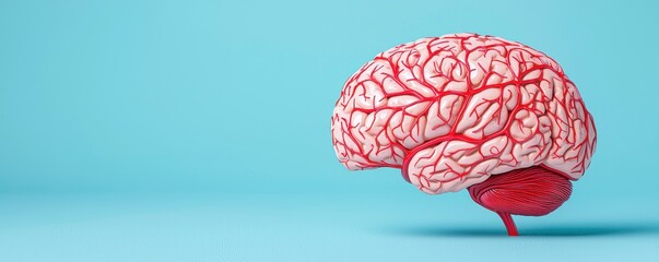 Stroke brain prevention concept. Colorful 3D depiction of a human brain against a bright blue background, showcasing intricate details and textures.