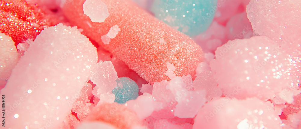 Poster colorful bubblegum texture with chewy elements and abstract glitter shapes