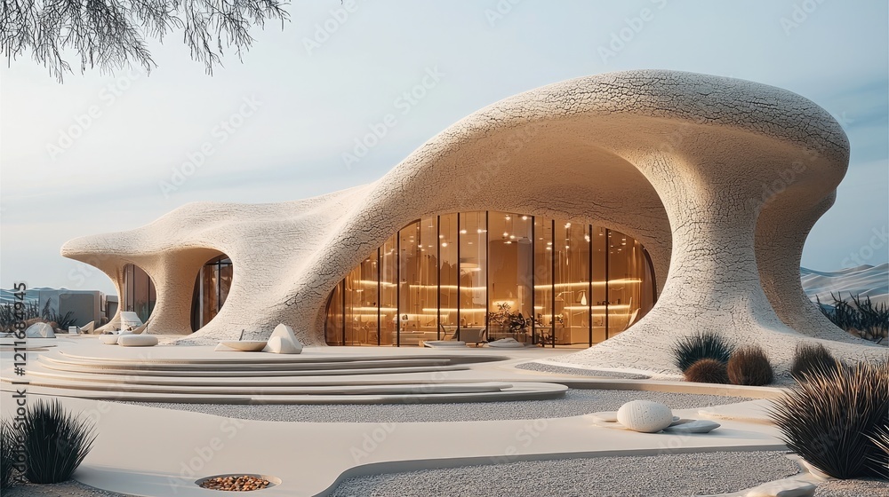 Poster pop-up business centre in a beige color, made with sand and white rocks. it is located on a desert a