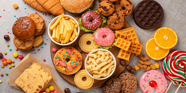 Assorted junk food, colorful unhealthy snacks, burgers, fries, donuts, cookies, chocolate, waffles, pizza, orange slices, top-down view, circular arrangement, white background, high detail, food - Powered by Adobe