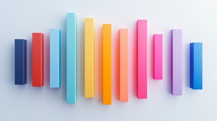 Obraz premium A D bar chart with vibrant bars in varying heights, placed on a white background with clean shadows and labels, perfect for visualizing business or financial data.